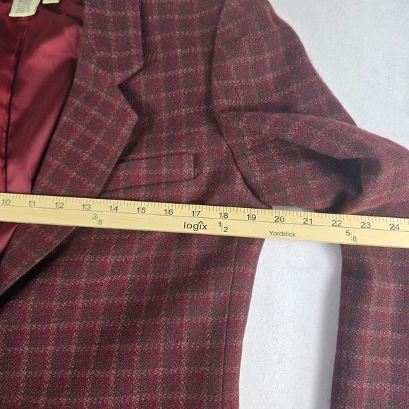 Vintage Eddie Bauer Women's Plaid Wool Blazer Size Small Burgundy‎ Brown Lined - Picture 7 of 11